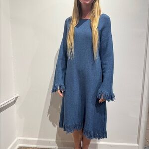 Blue Fringe Hem Sweater Dress